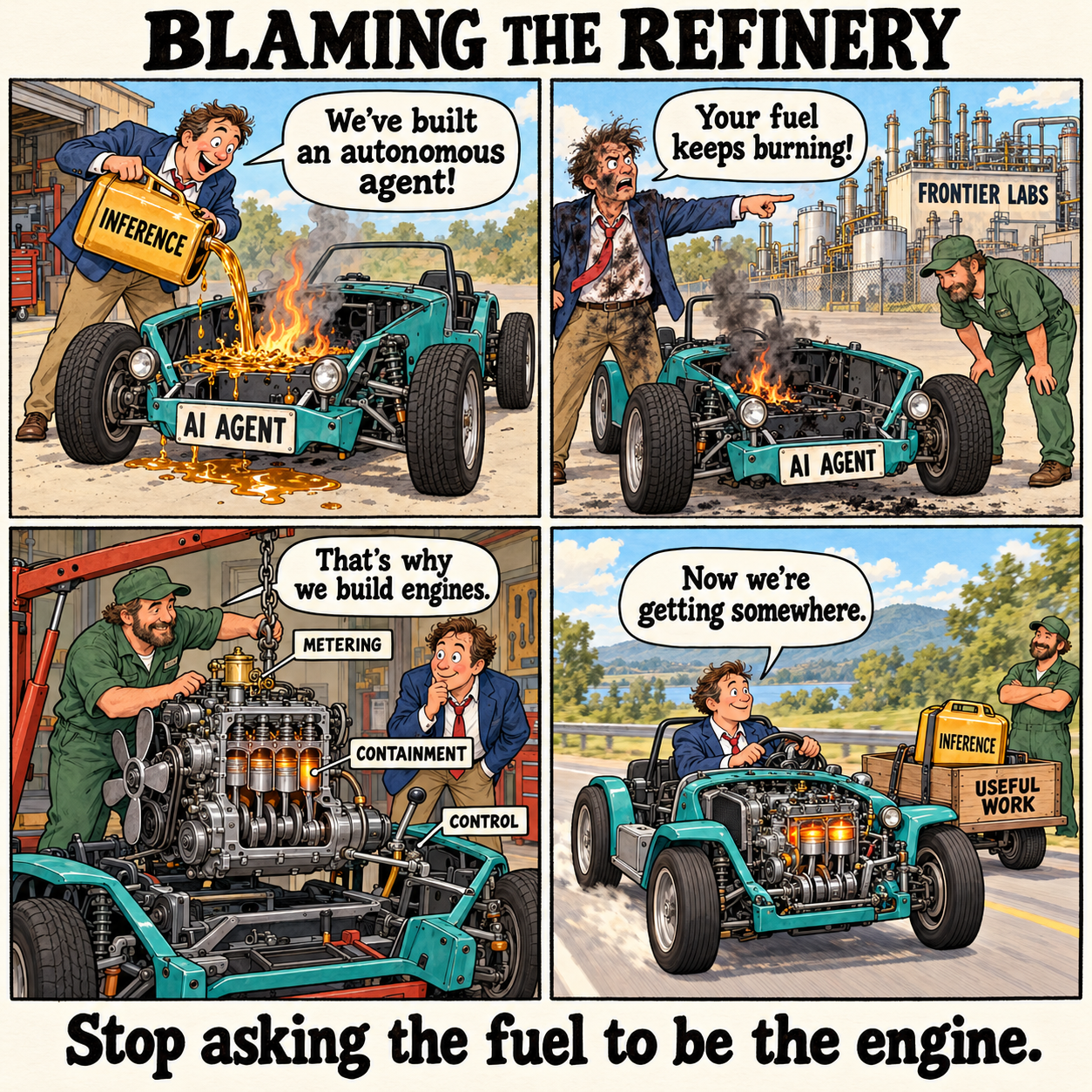 Four-panel cartoon: a man pours inference fuel into a bare engine causing fire, then blames the refinery across the road — but he owns it. A mechanic installs metering, containment, and control. Final panel: the machine runs, producing useful work.