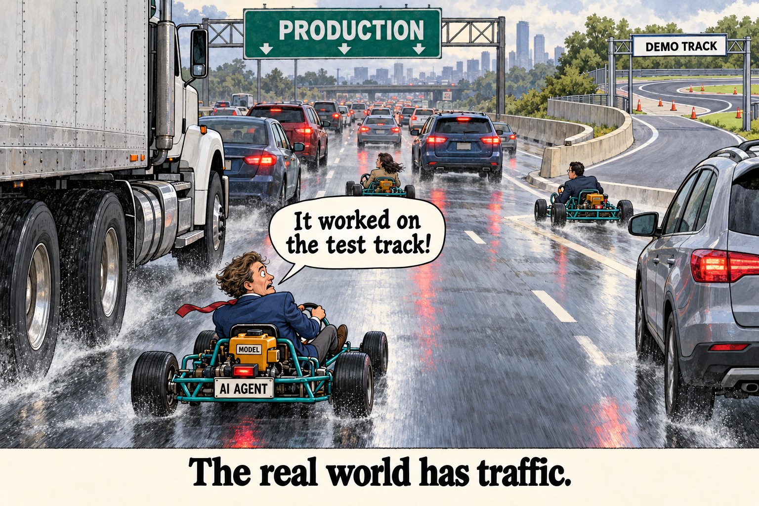 Go-karts labeled AI Agent driven onto a rain-soaked production highway amid real traffic, while the demo track sits empty behind a barrier — captioned: It worked on the test track.