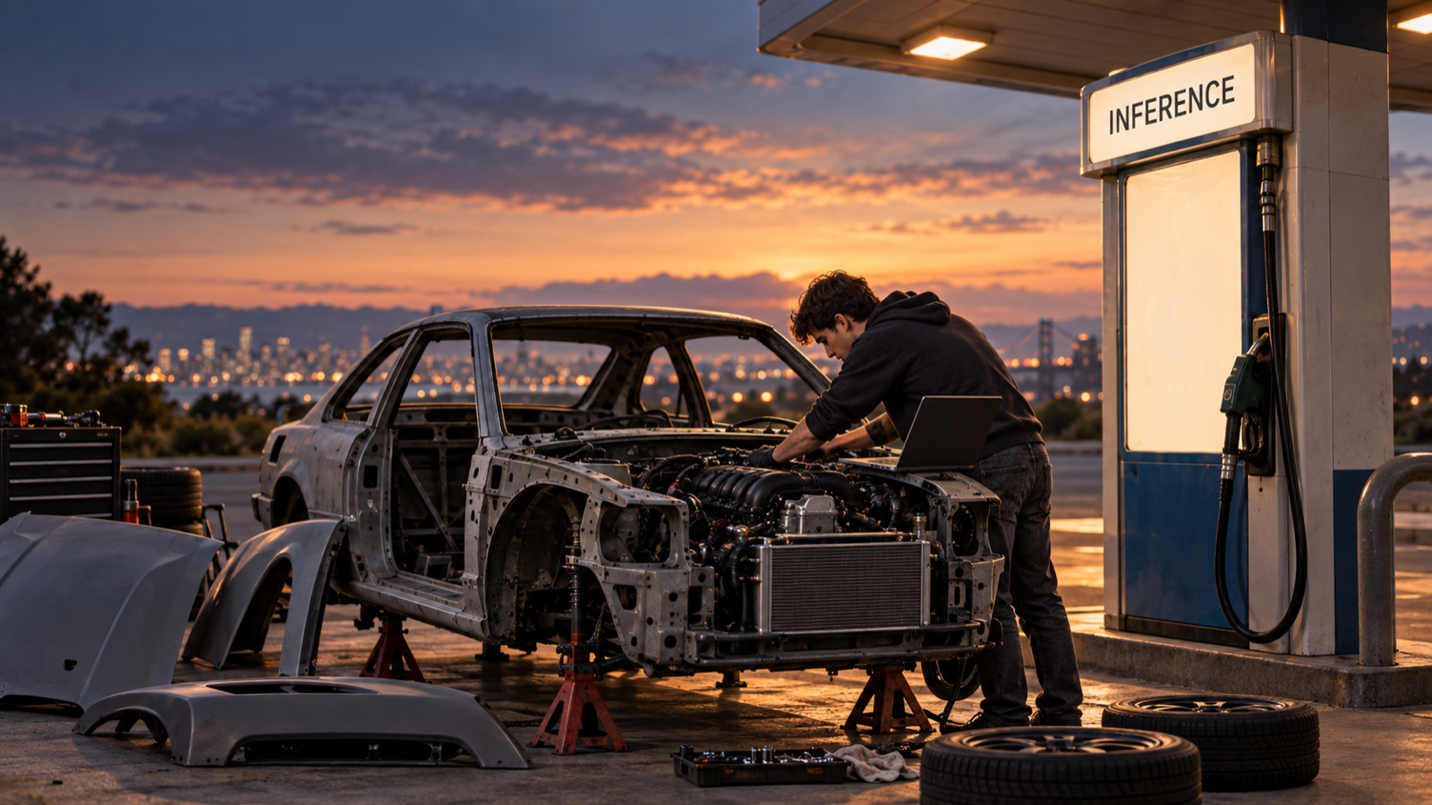 At dusk under a gas station canopy, a lone engineer with a laptop resting on the fender works on the exposed engine of an unfinished car sitting on jack stands, body panels and wheels laid out on the ground beside it; the single pump behind him is labeled INFERENCE, and a city skyline glows in the distance.