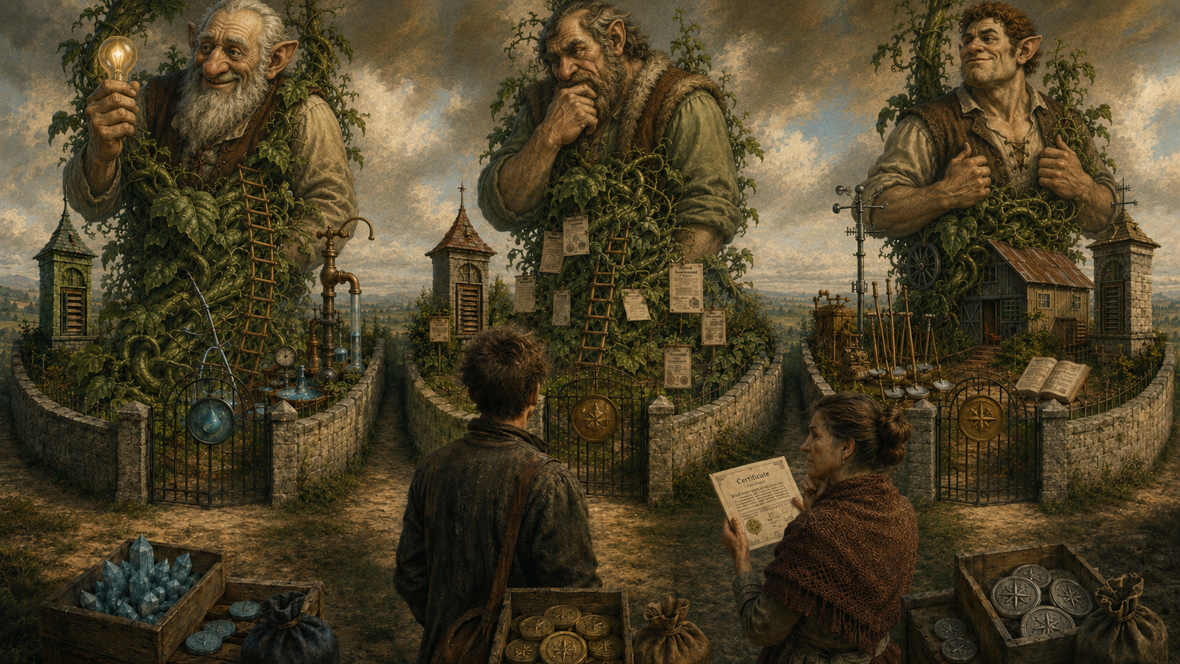 Jack and the Three Gardens — three merchants behind walled gardens, each with their own beanstalk, certificates, and incompatible currencies