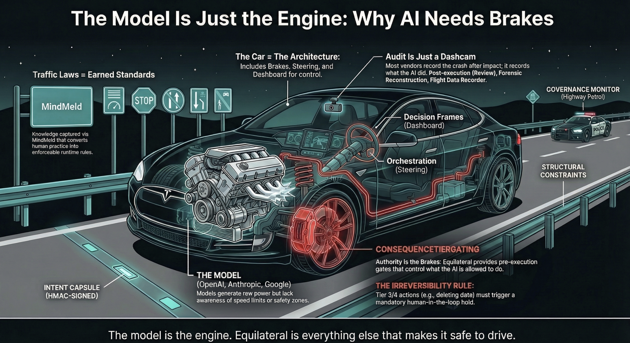 The Model Is the Engine &mdash; the real AI development stack showing the missing institutional memory and governance layers between agents and organizations