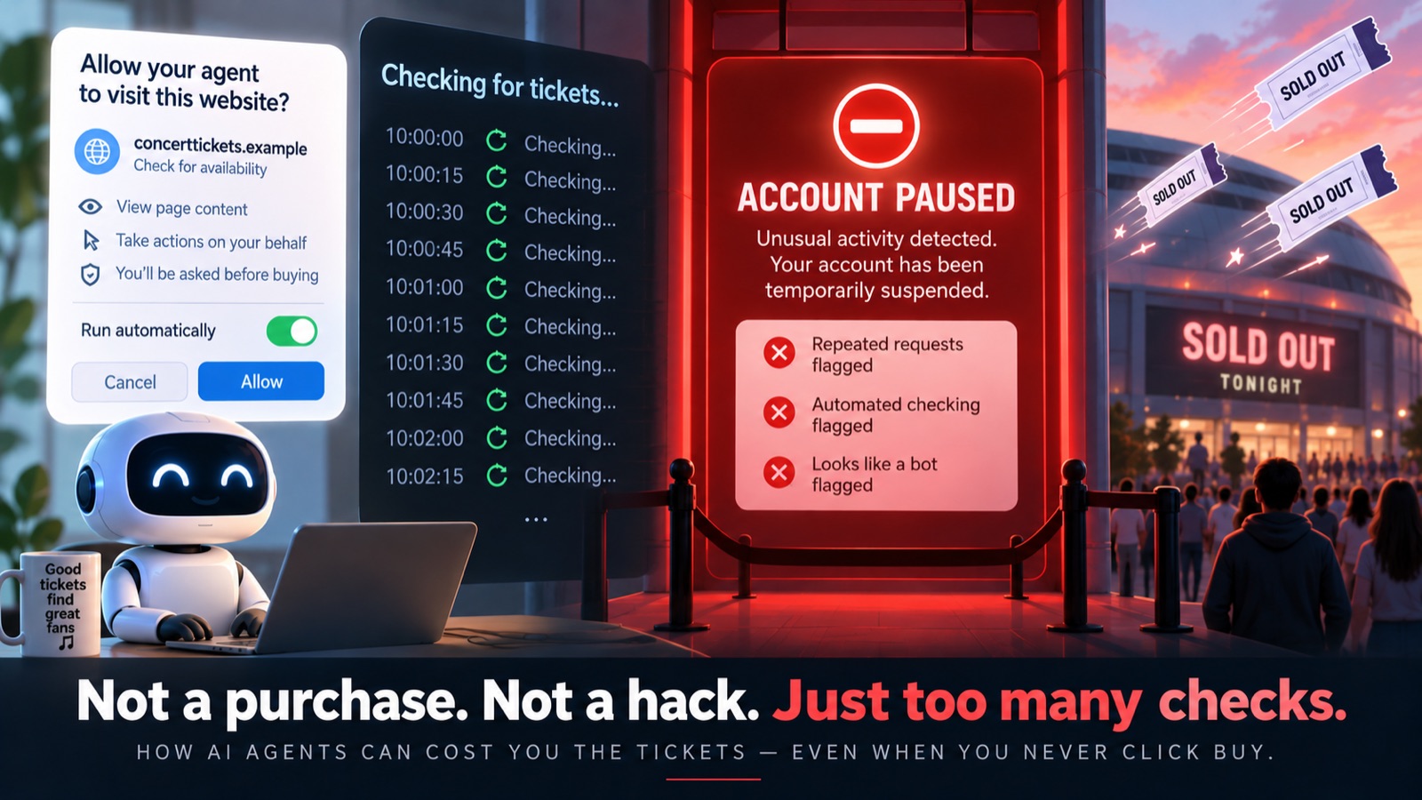 An AI agent permission dialog asks to visit a ticket site with &lsquo;You&rsquo;ll be asked before buying&rsquo; checked and &lsquo;Run automatically&rsquo; toggled on; beside it a log shows &lsquo;Checking for tickets&rsquo; every 15 seconds; an &lsquo;Account Paused&rsquo; alert flags repeated requests, automated checking, and bot-like behavior; behind it a concert venue reads &lsquo;Sold Out Tonight&rsquo; as fans queue outside. Caption: Not a purchase. Not a hack. Just too many checks.
