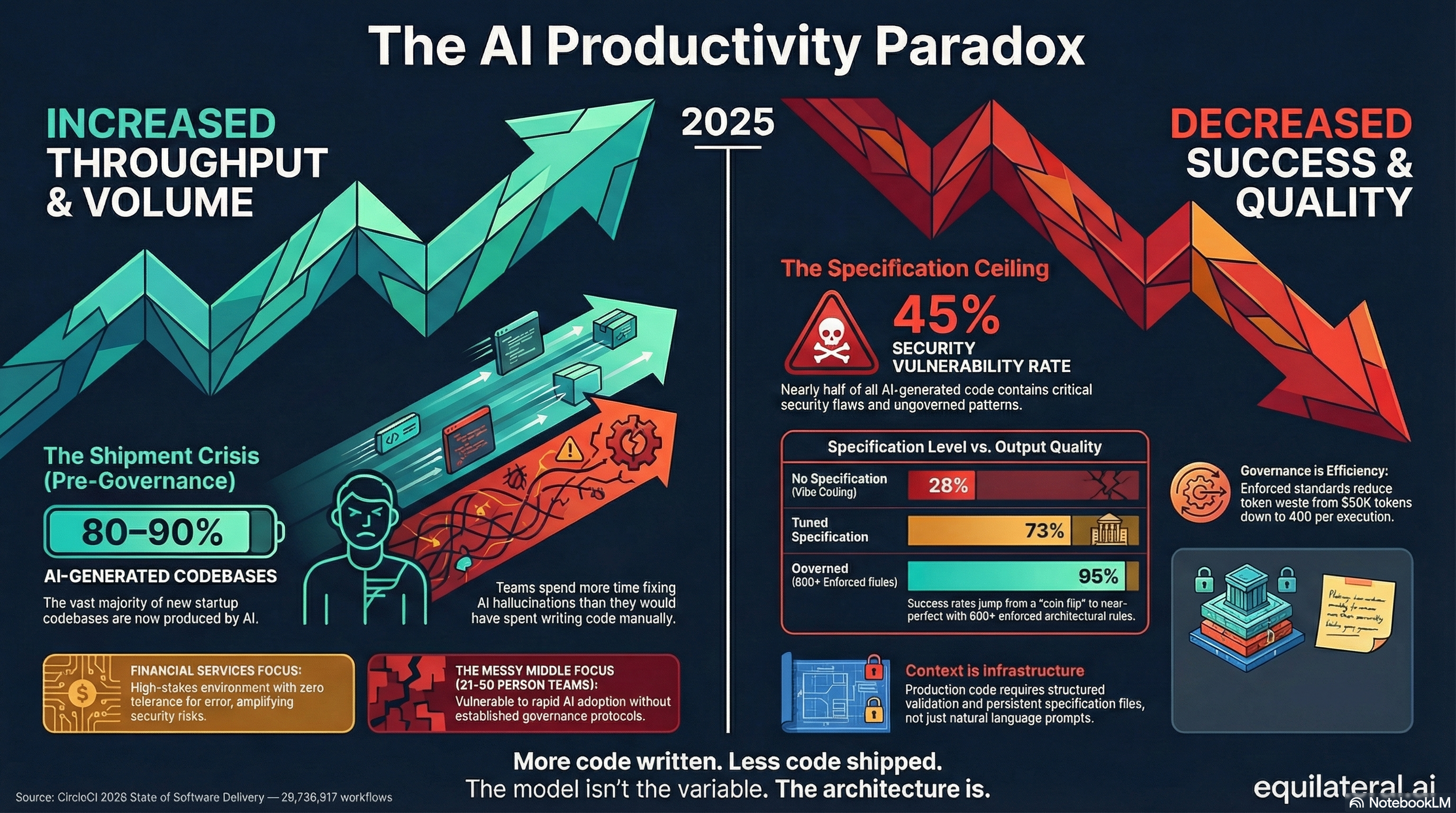 The AI Productivity Paradox - Increased throughput and volume alongside decreased success and quality. Specification level data shows ungoverned code at 28% success, tuned at 73%, and governed at 95%.