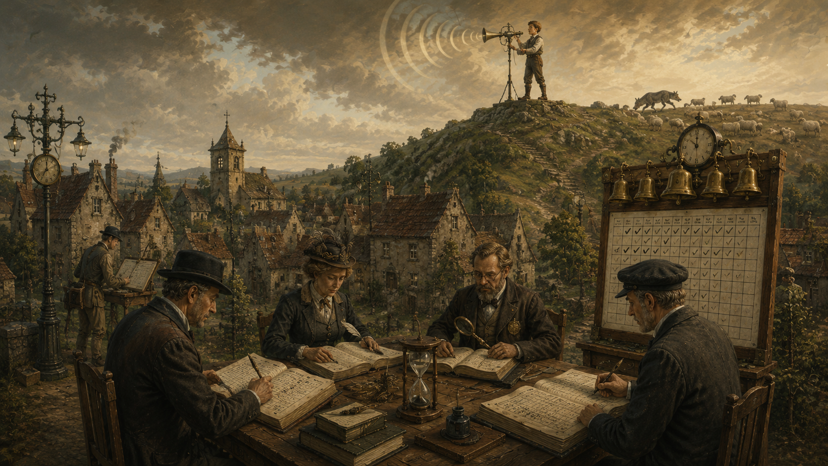 A boy on a hillside calling down to a village, the word 'Compliant' floating as a banner above rooftops while a wolf moves unseen through the flock behind him