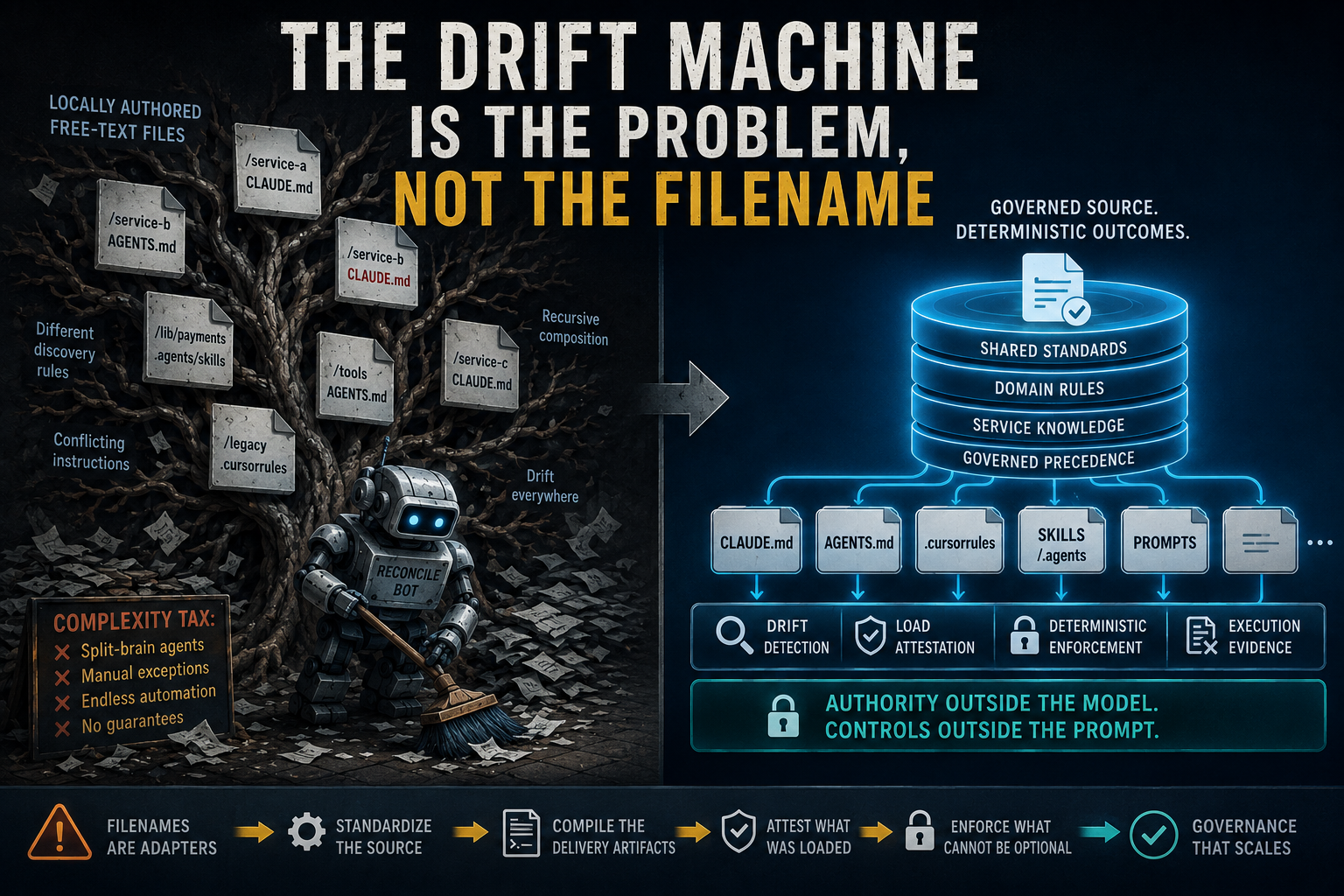 Left: a robot labeled Reconcile Bot sweeps up papers under a tree of conflicting agent instruction files. Right: governed source with shared standards, domain rules, and service knowledge flowing through governed precedence into tool-specific delivery artifacts. Bottom: Filenames are adapters — Standardize the source — Compile the delivery artifacts — Attest what was loaded — Enforce what cannot be optional — Governance that scales.