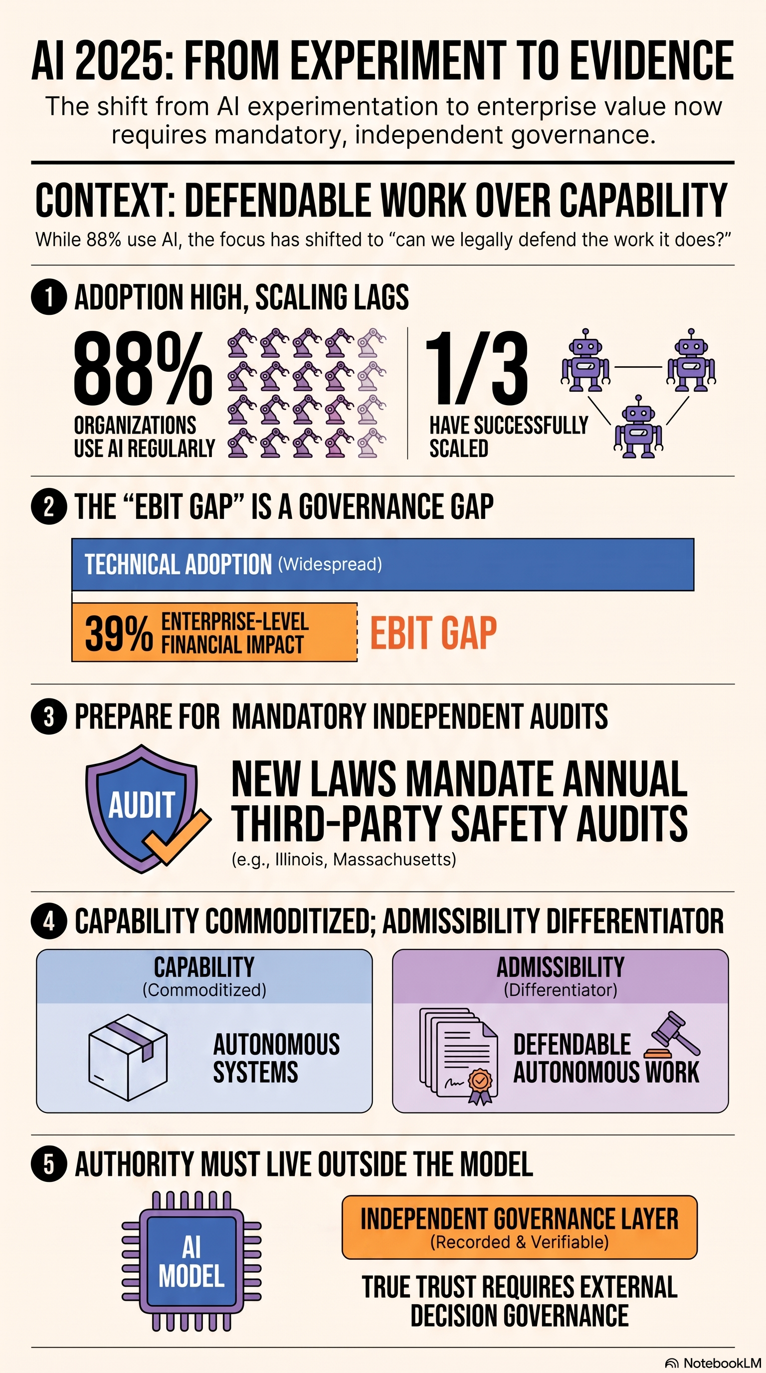 AI 2025: From Experiment to Evidence — 88% of organizations use AI regularly, only 1/3 have successfully scaled. The EBIT gap is a governance gap. New laws mandate annual third-party safety audits. Capability commoditized; admissibility is the differentiator. Authority must live outside the model.