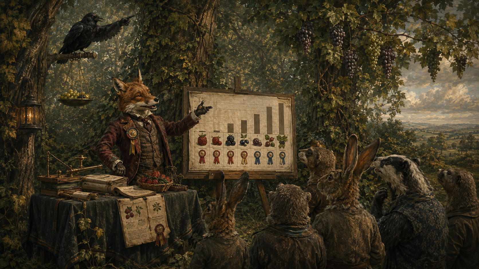 A fox presenting an elaborate chart of fruit quality metrics to assembled animals, the unreachable grapes hanging high behind him while his own low berries score 'state of the art'