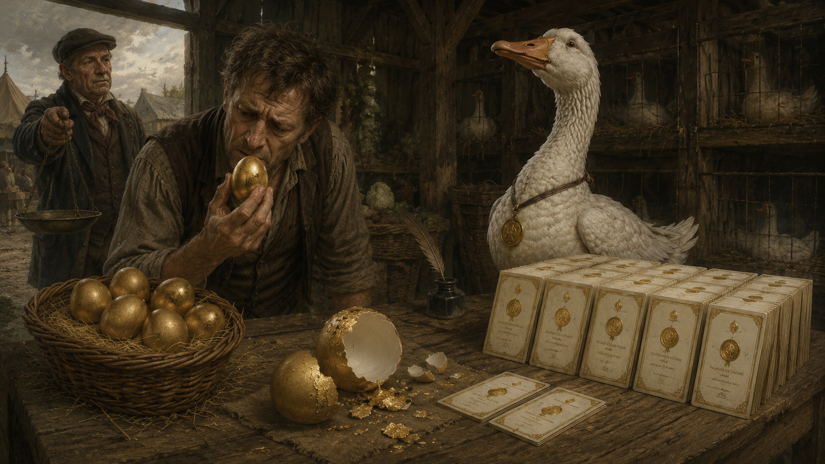 A goose seated at a desk, stamping golden certificates beside a growing stack of gilded eggs