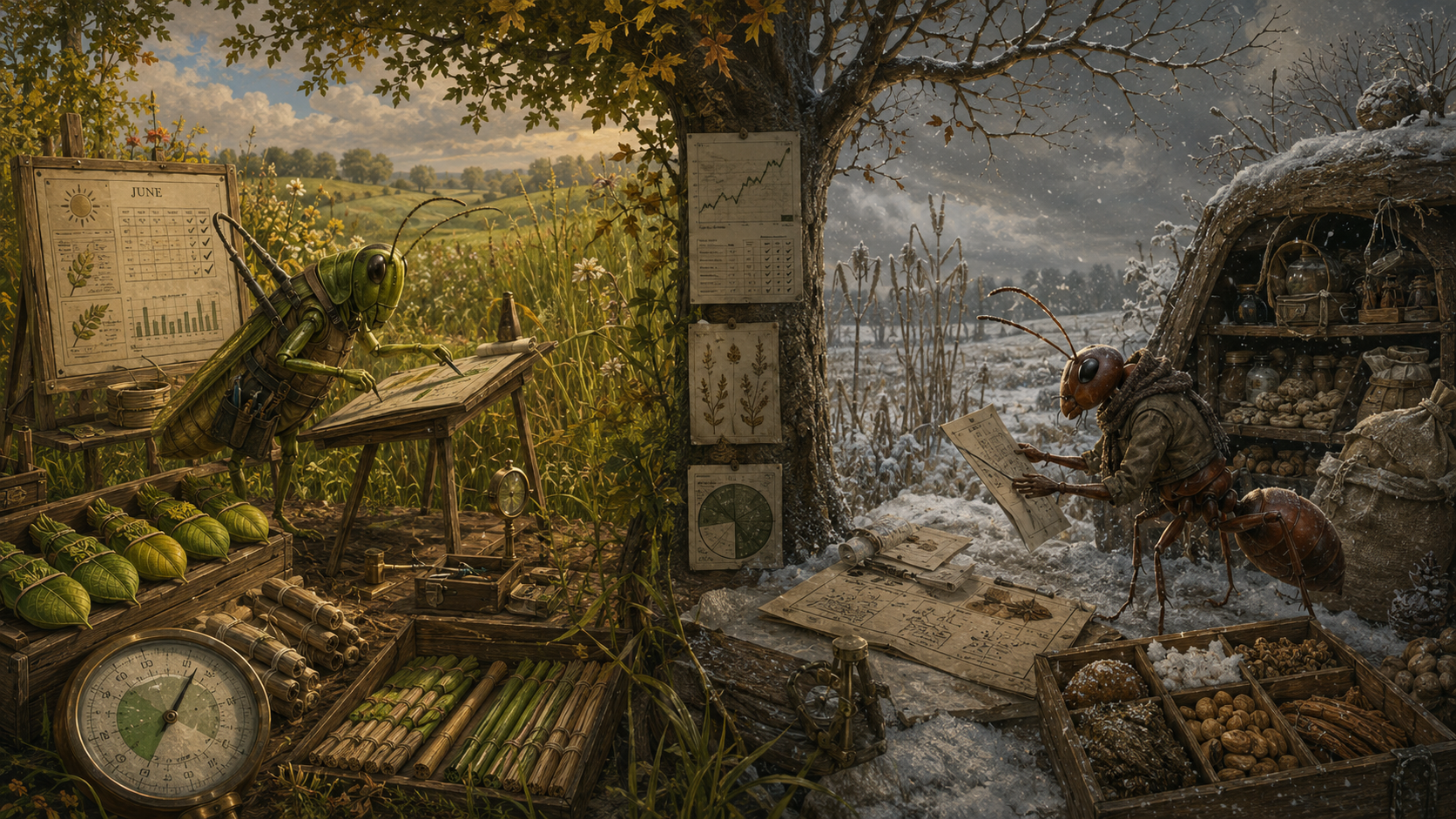 A grasshopper surrounded by neatly completed tasks and deliverables in a summer meadow, while an ant checks her stores against a calendar showing the coming winter