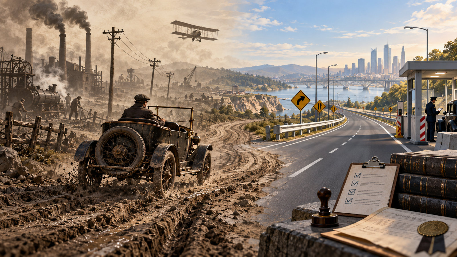 A muddy early automobile crosses from a rutted dirt track, smokestacks and a biplane behind it, onto a paved highway with guardrails and standard signs; an inspector checks a car at a booth, and a ledger, seal and checklist sit in the foreground.