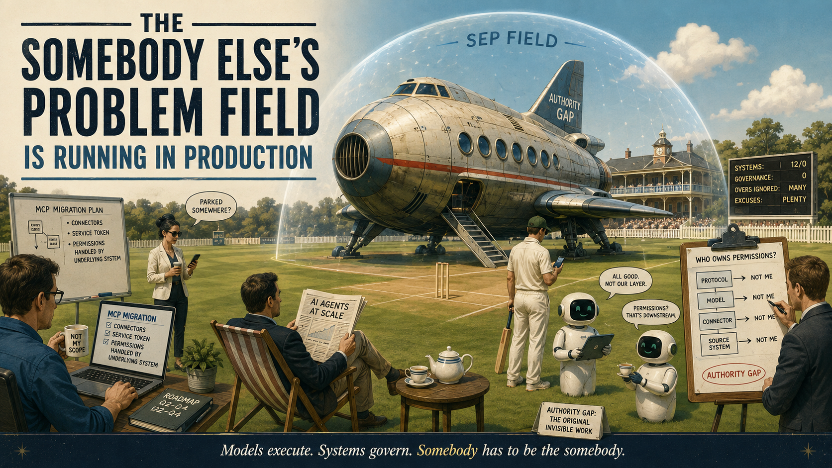 The Somebody Else's Problem Field Is Running in Production — a spaceship labeled Authority Gap sits on a cricket pitch inside an SEP field while people work around it without noticing. Scoreboard reads: Systems 12/0, Governance 0, Overs Ignored Many, Excuses Plenty. A flowchart asks Who Owns Permissions? — Protocol, Model, Connector, Source System all answer Not Me, revealing the Authority Gap. Models execute. Systems govern. Somebody has to be the somebody.
