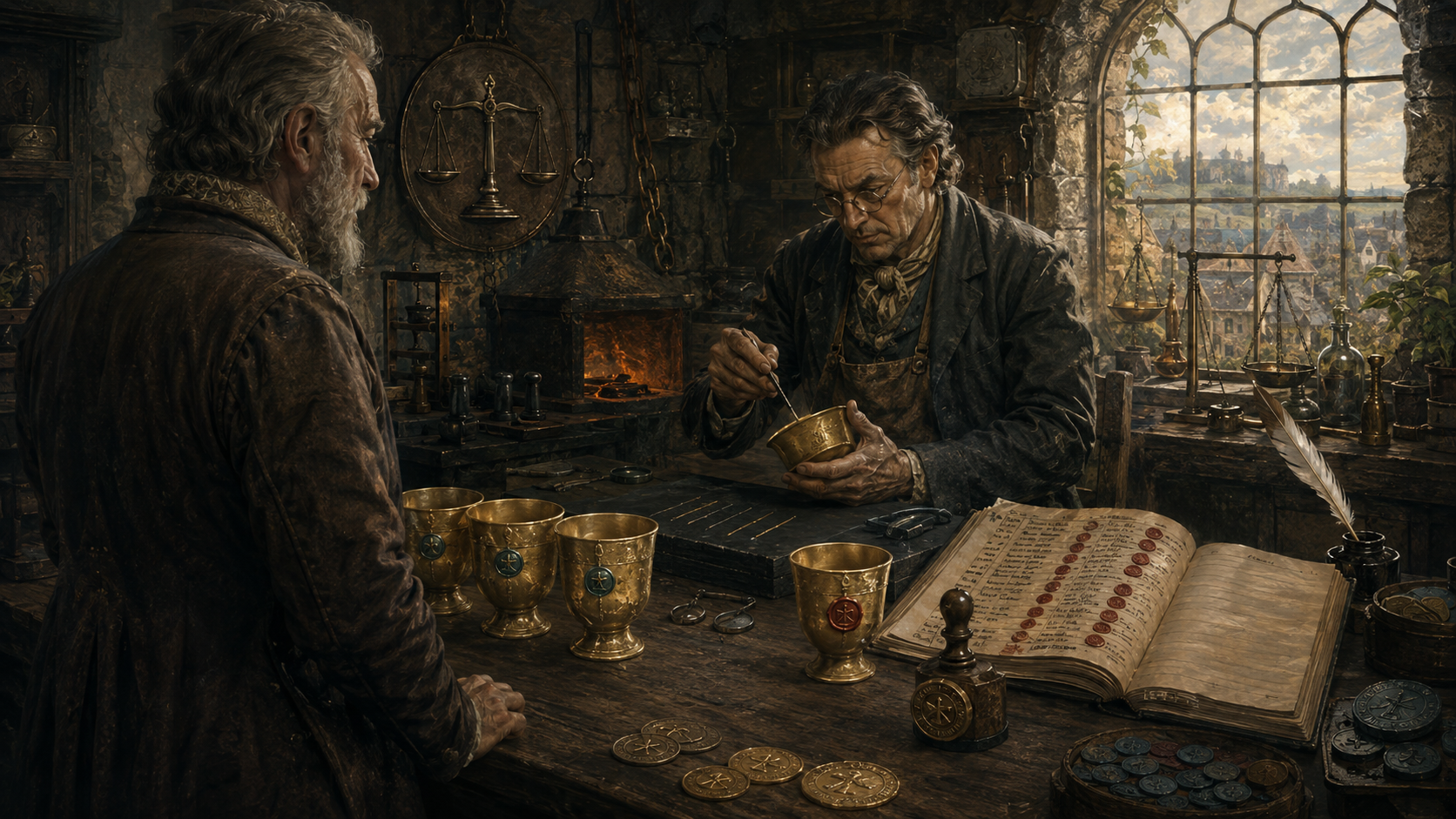 In a stone assay hall, an assayer in spectacles scrapes the foot of a gold cup while a grey-bearded goldsmith watches. Three cups on the bench bear teal marks and a fourth bears a red one, beside a thick open book of recorded refusals and a quill.