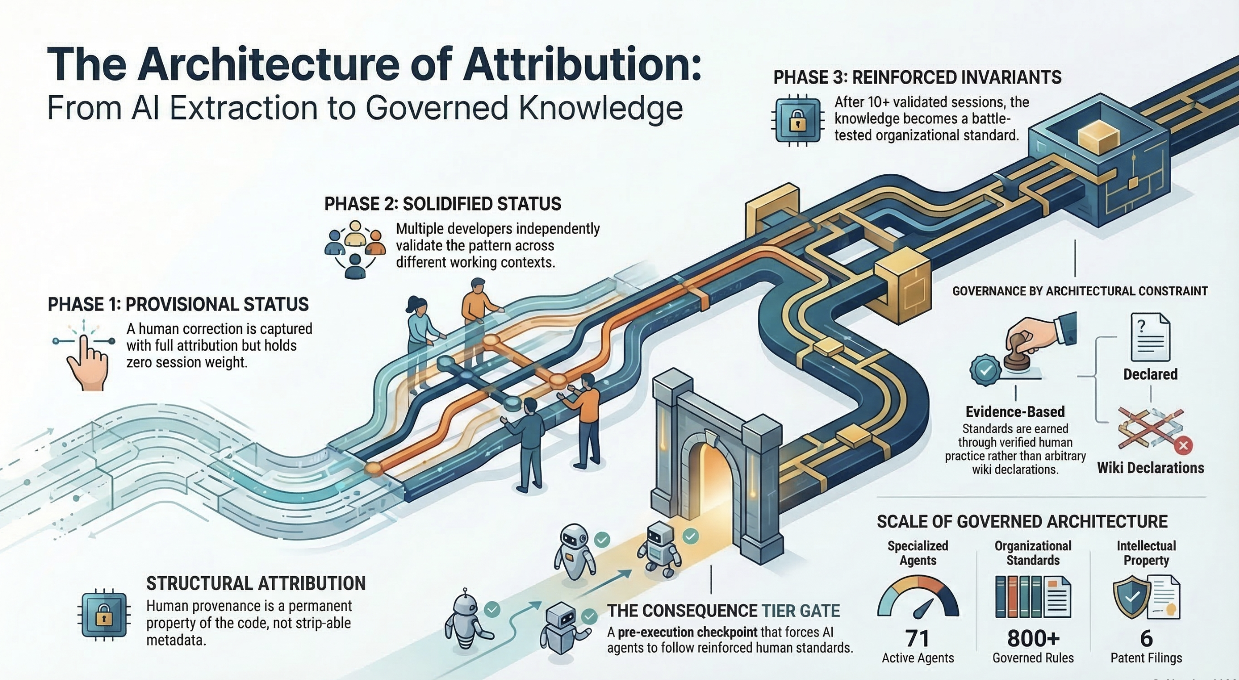 The Architecture of Attribution: From AI Extraction to Governed Knowledge — showing the three-phase maturity lifecycle from provisional to reinforced standards, structural attribution, and the ConsequenceTierGate
