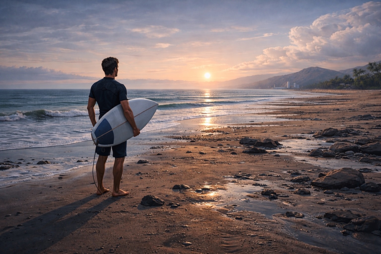 Surfer on beach watching water recede - The most dangerous moment isn't the wave
